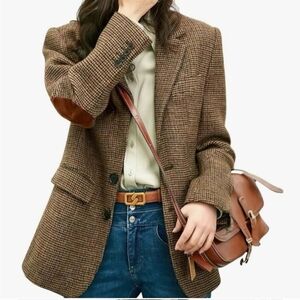 ChouYatou Brown Woolblend Houndstooth Women's Blazer Size M & 2XL NWT